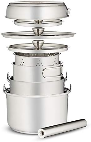 Camping Cookware Set 304 Stainless Steel 8-Piece Pots & Pans Open Fire Cooking Kit | Frying Pan Steamer with Travel Tote Bag | Compact For Outdoors & Indoors Kitchen Campfire Hiking RV - Image 2
