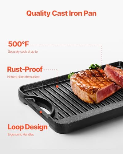 VEVOR Reversible Grill/Griddle, 14x8.5 inch Pre-Seasoned Cast Iron Griddle, Portable Rectangular Pan with Handle, Family Cookware for Indoor/Outdoor Stove Top Burner, Gas, Camping BBQ, Black - Image 5