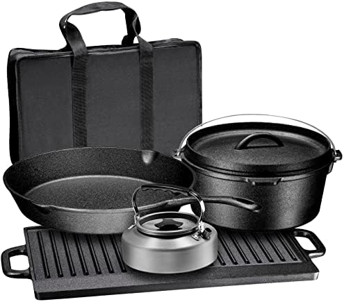 Bruntmor Camping Cooking Set Of 5. Pre Seasoned Cast Iron Pots And Pans Cookware/Dutch Oven Sets With Lids For Outdoor Comefire Cooking. Camping Skillet Grill Cookware Skillet Set With Carrying Case by Bruntmor
