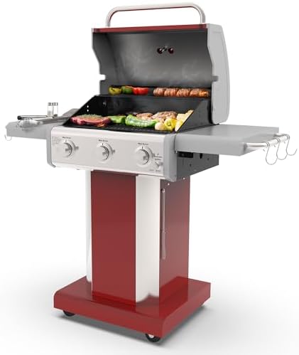 Kenmore 3-Burner Outdoor BBQ Grill | Liquid Propane Barbecue Gas Grill with Folding Sides, PG-A4030400LD-RD, Pedestal Grill with Wheels, 30000 BTU, Red - Image 2
