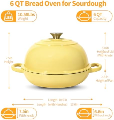 6QT Enameled Cast Iron Yellow Dutch Oven For Sourdough Bread Baking - Image 3