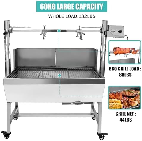 37" Electric Rotisserie Grill, Pig Lamb Spit Roaster Stand With 132 Lbs Capacity and Adjustable Height, BBQ Charcoal Grill Kit Stainless Steel for Outdoor Party Camping - Image 5