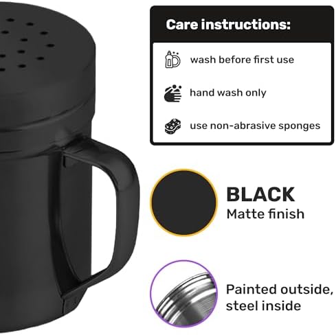 CUSINIUM 6oz Black Stainless Steel Salt Pepper Dredge Shakers - With Plastic Cap - With Handle - Pack of 2 - Image 4