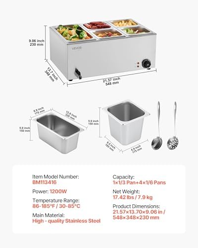 VEVOR 24QT Commercial Food Warmer, 5-Pan Electric Steam Table, 1200W Professional Countertop Stainless Steel Buffet Bain Marie with 86-185°F Temp Control for Catering, Buffet, Parties, Restaurants - Image 6