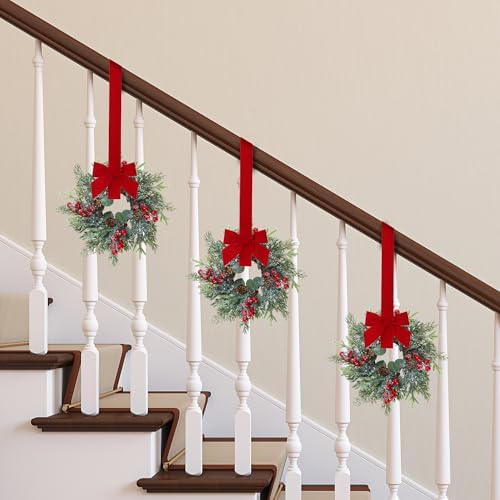 Sggvecsy 6 Pcs Christmas Mini Cabinet Wreaths Norfolk Pine Wreath with Ribbon Bows Red Berry Pinecones Artificial Small Kitchen Wreath for Window Front Door Farmhouse Wall Pillars Xmas Decorations - Image 3