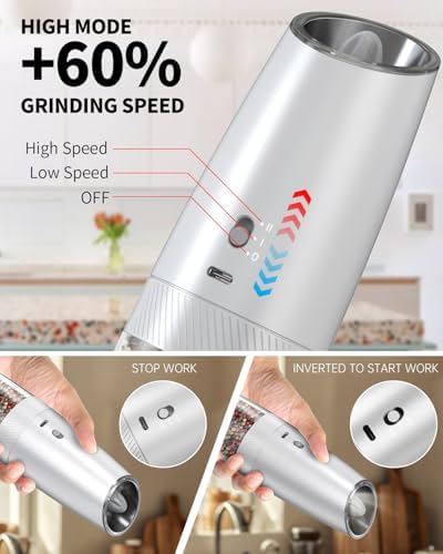 CIRCLE JOY Gravity Electric Salt and Pepper Grinder Set with 2-Speed, Rechargeable Salt and Pepper Grinder Set, Adjustable Coarseness, Whiet LED Light - Image 2