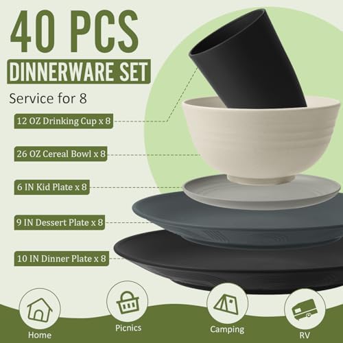 Wheat Straw Dinnerware Sets 40 PCS - Unbreakable Plates and Bowls Sets for 8,Party Kitchen Camping RV Dishwasher & Microwave Safe Modern Lightweight Dishware Sets - Black Grey - Image 2