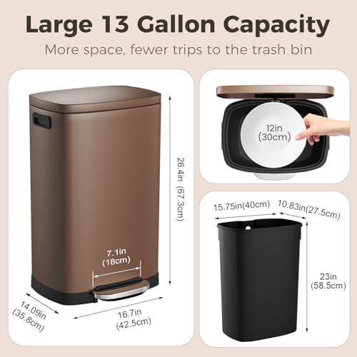 ELPHECO Kitchen Trash Can with Lid 13 Gal Stainless Steel Pedal Garbage Can - Image 4