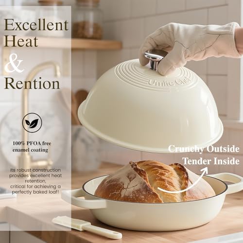 Enameled Round Cast Iron Bread Oven, 6 Qt Cast Iron Dutch Oven for Homemade Sourdough Bread Baking, Bread Pot with Dome Lid & Cotton Potholders (Cream White) - Image 4