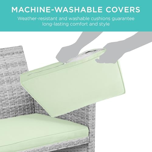 Best Choice Products 4-Piece Outdoor Wicker Patio Conversation Furniture Set for Backyard w/Coffee Table, Seat Cushions - Gray/Light Mint - Image 5