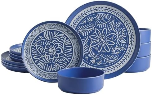 MissYip Melamine Dinnerware Set, 12 Piece for 4, Thicker Sturdy Indoor and Outdoor Use Tableware, Durable Plastic Plates and Bowls set, BPA Free, Dishwasher Top Safe, Not Microwave, Not Oven(Blue) by MissYip