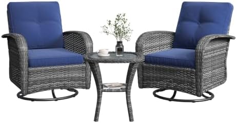 Aoxun 3 Pieces Patio Furniture Set, Swivel Rocker Chairs Set of 2, Navy by Aoxun
