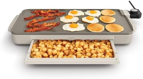 bella 10"x20" Ceramic Griddle with Warming Tray, 1500W Non-Toxic, Oatmilk by bella