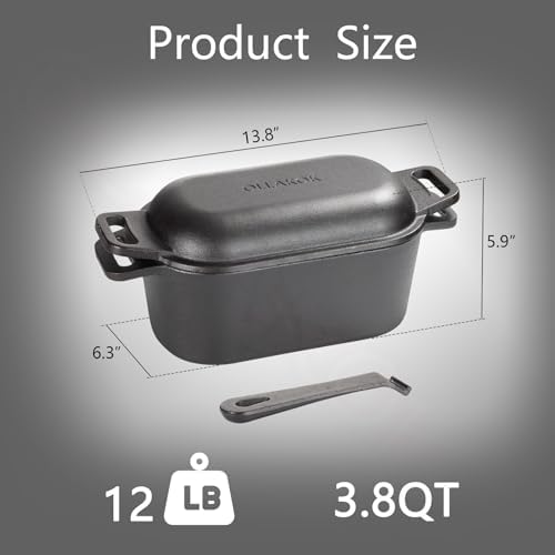 2-in-1 Pre-Seasoned Cast Iron Dutch Oven Pot with Lid as Skillet, Grill Pan, with Lid Lever, Dual Loop Handles, Oval Heavy Dutch Oven for Bread Baking, Frying, Camping, BBQ, 3.8 QT Black - Image 2
