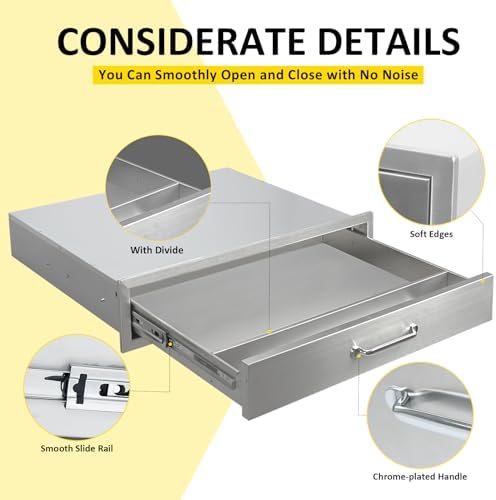 Outdoor Kitchen Drawers 30" W x 6.5" H x 23" D Flush Mount BBQ Single Drawers with Divider,Built-in Stainless Steel Drawer with Chrome Handle for Outdoor Kitchen Island Patio Grill Station - Image 4