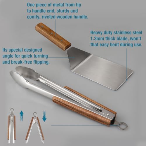 Tongs and Spatula Set of 3, Heavy Duty Stainless Steel, Wood Handle - Image 4