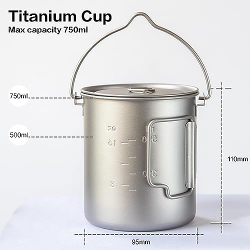 750ml/26oz Titanium Camping Pot with Lid and Foldable Handle, Ultralight Camping Mug for Hiking, Backpacking, Outdoor Cooking, and Travel - Image 2