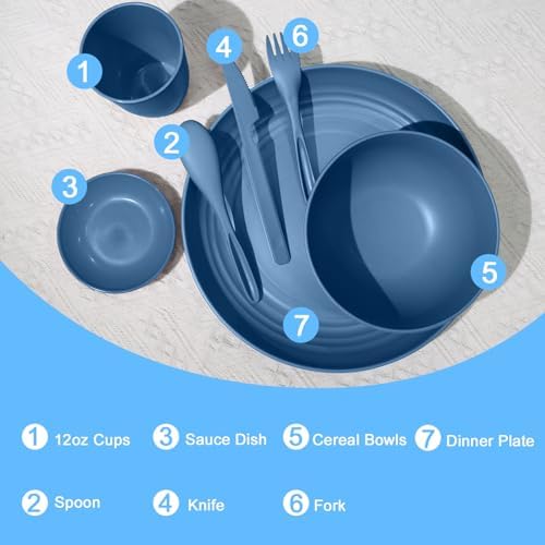 Wrova Wheat straw plates and bowls sets with cutlery - Unbreakable wheat straw dinnerware sets - Dishwasher safe plates,bowls,cups for apartment.Blue - Image 3