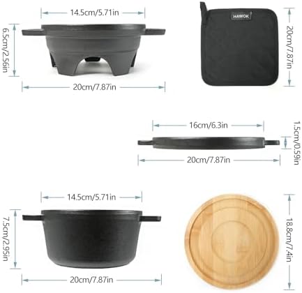 HAWOK 6 Piece Stove Set, Potable Cast Iron Charcoal Grill Stove with 1QT Dutch Oven, with Multipurpose Lid, Five-Leg Buffet Tray, Multipurpose Mini BBQ Stove Set - Image 2