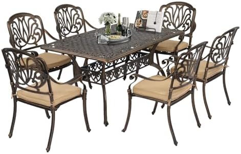 VINGLI 7 Pieces Outdoor Dining Set, Cast Aluminium All-Weather Patio Dining Set for 6 with Umbrella Hole, Outdoor Dining Table and Chairs with Cushion for Yard, Garden, Porch and Poolside, Bronze by VINGLI