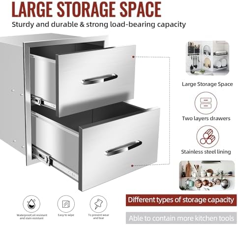 Outdoor Kitchen Drawers, BBQ Drawers for Outdoor Grill Station, 18''W x 23''H Stainless Steel Built-in Cabinet with Handle, Weatherproof and Durable Storage for BBQ Accessories and Trash - Image 4