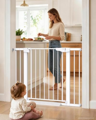 Cumbor 30-43" Baby Gate for Doorways, Auto-Close Dog Gate, No-Drill, White by Cumbor