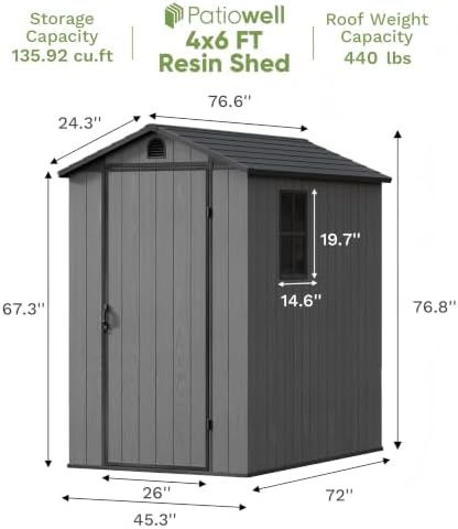 Patiowell 4x6 FT Resin Storage Shed with Floor, Dark Gray - Image 4