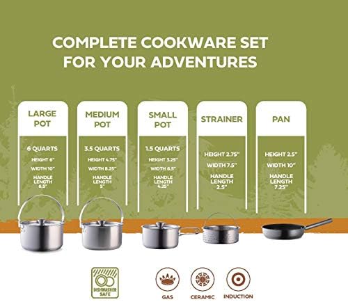 Camping Cookware Set 304 Stainless Steel 8-Piece Pots & Pans Open Fire Cooking Kit | Frying Pan Steamer with Travel Tote Bag | Compact For Outdoors & Indoors Kitchen Campfire Hiking RV - Image 3