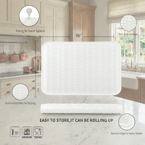 MicoYang Silicone Dish Drying Mat for Multiple Usage,Easy clean,Eco-friendly,Heat-resistant Silicone Mat for Kitchen Counter or Sink,Refrigerator or Drawer Liner White 5XL 36inches x 18inches - Image 2