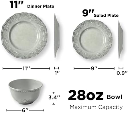 TP 12-Piece Melamine Dinnerware Sets, Service for 4, Relief Grey - Image 4