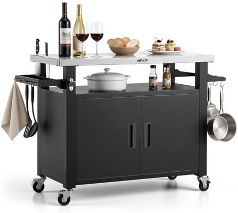 VEVOR Outdoor Grill Cart with Storage Cabinet, 53.1 Inch Grill Table, Waterproof Kitchen Island with Stainless Steel Top, Shelf, and Wheels, Movable Food Prep Station for Patio Bar Backyard BBQ by VEVOR
