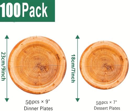 100Pcs Wood Grain Paper Plates Wood Grain Party Supplies 9"&7" Rustic Wood Slice Paper Plates for CampFire Camping Woodland Animal Baby Shower Lumberjack Cut Timber Birthday Party Decorations (100) - Image 2