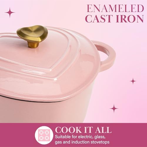 Paris Hilton Enameled Cast Iron Dutch Oven Pot with Lid, Heart-Shaped Dutch Oven, Durable Cast Iron Pot with Dual Handles, Oven Safe to 500°F, Works on All Stovetops, 2-Quart, Pink - Image 4