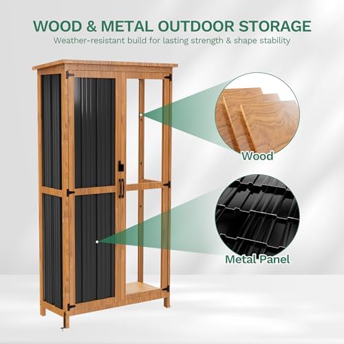 Devoko Metal & Wood Weatherproof Garden Storage Tall Shed with 3 Adjustable Shelves, Lockable Outdoor Patio Cabinet, Waterproof Yard Organizer for Lawn Gear and Garden Tools, Black - Image 3