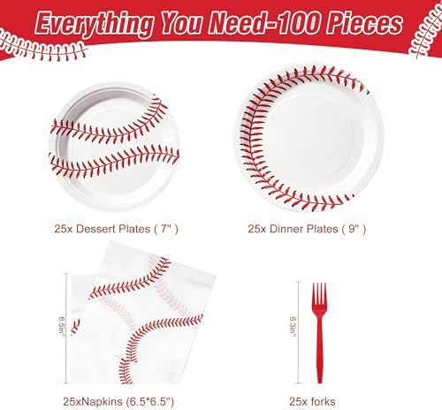 100 Pcs Disposable Baseball Party Tableware Set for 25 Guests - Image 2