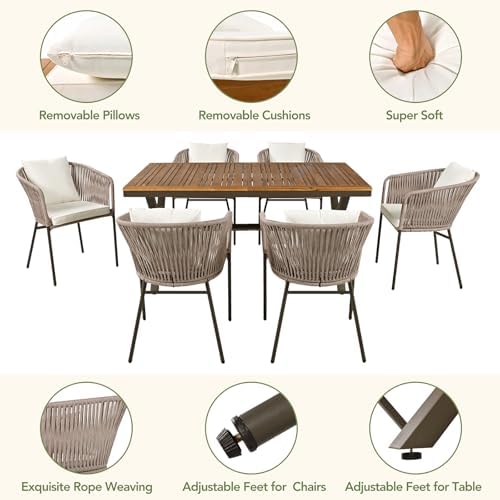 7-Piece Patio Dining Set for 6, Outdoor Patio Furniture Set, Beige - Image 4