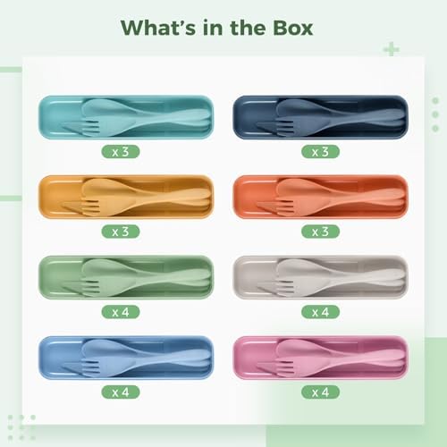 28 Sets Reusable Travel Utensils, Wheat Straw Cutlery Set 7 Assorted Colors, Portable Fork Spoon Cutter with Case, Lunch Box Tableware Set, Utensil Set for School Picnic Travel Outdoor Activities - Image 5