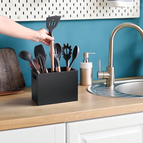 ALELION Black Utensil Holder for Kitchen Counter - 2 Compartment Large Utensil Caddy Organizer for Countertop - Kitchen Tool Holder for Spatula Ladles - Image 2
