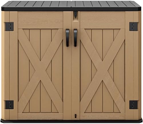 DWVO Outdoor Storage Shed, Weatherproof Resin, 35 Cu Ft Capacity, Horizontal Design, X-Shaped Lockable Door, Suitable for Bike, Garden Tools, Trash Cans, Brown by DWVO