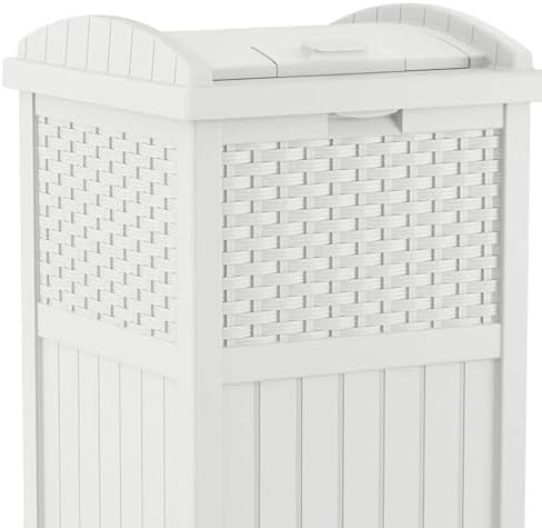Suncast Hideaway Outdoor Trash Can with Lid - 30 Gallon Trash Can, White, Decorative Wicker-Style Garbage Bin, Weather-Resistant Resin, Fits 30-33 Gallon Bags, Ideal for Patio & Yard, Made in USA - Image 6