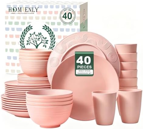 Homienly Unbreakable 40 PCS Wheat Straw Dinnerware Sets Service for 8 Pink by HOMIENLY