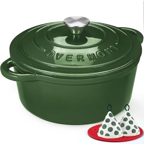 Overmont Enameled Cast Iron Dutch Oven - 7QT Pot with Lid Cookbook & Cotton Potholders - Heavy-Duty Cookware for Braising, Stews, Roasting, Bread Baking GlossyGreen by Overmont
