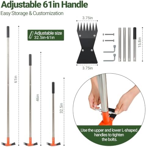 2-in-1 Garden Hoe and Weed Puller Rake 61 Inch Spring Steel Head Adjustable Long Handle Weeding Tool Heavy Duty Sand Texture Finish, Weed Remover for Garden, Yard, Lawn, Driveway - Image 5