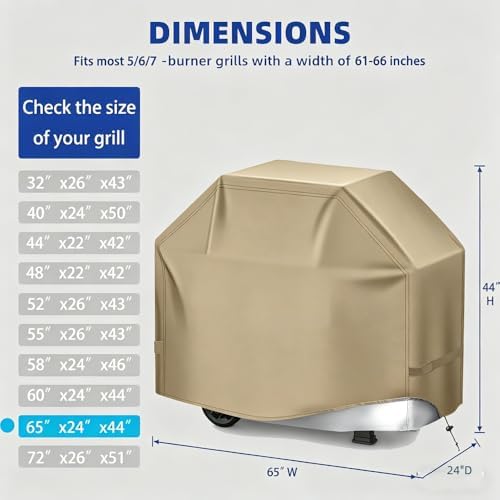 BBQ Gas Grill Cover for Outdoor, Anti-UV, Rip-Proof, 600D Oxford Fade Resistant Material, Barbecue Cover with Hook and Loop Straps & Adjustable Hem Drawstring (Beige, 65”x24”x44”) - Image 2