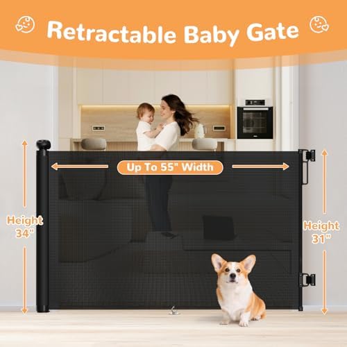 Retractable Baby Gate for Stairs 34" Tall Fits Up to 55" Wide Black - Image 2