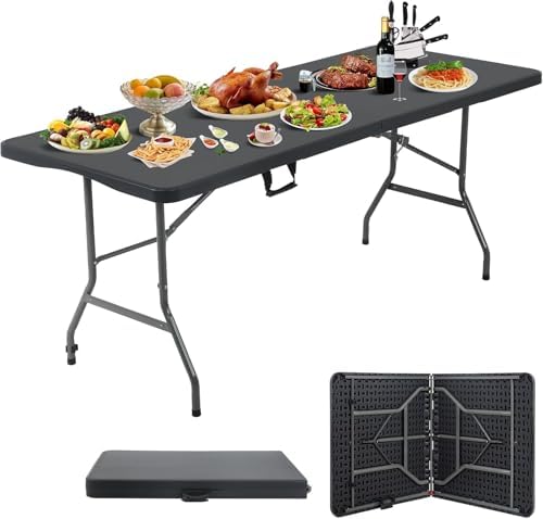 HKLGorg 6 Ft Folding Table, Plastic Folding Utility Table, Black by HKLGorg