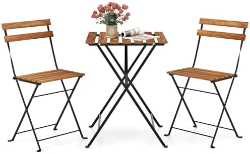 GIANTEX 3-Piece Acacia Wood Bistro Set, Patio Bistro Table with 2 Folding Chairs, Slatted Seat & Tabletop, Metal Frame, Outdoor Furniture Set for Backyard, Porch, Garden, Poolside (Black + Brown) by Giantex