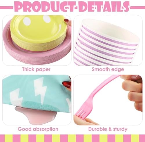 Kochorie 144 Pcs Preppy Smile Party Tableware Supplies, Disposable Paper Plates Napkins Cups Forks Set, Serves 24 Guests for Smile Face Theme Baby Shower Birthday Party Decorations - Image 3