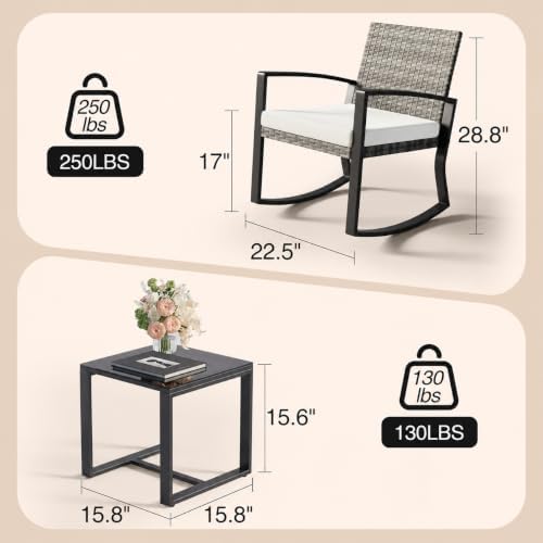 Qsun 3 Pieces Outdoor Patio Furniture Set Rocking Bistro Set, Outdoor Patio Furniture Set with Coffee Table for Garden Balcony Backyard Poolside (Light Grey Cushion) - Image 2