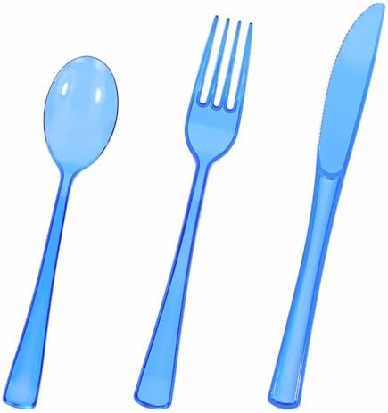 HEIPINIUYE 75 Pack Royal Blue Clear Plastic Cutlery Heavy Duty Clear Blue Plastic Knives Forks and Spoons Disposable Silverware Set for 25 Guest Camping Birthday Baby Shower Party Utensil Set by HEIPINIUYE